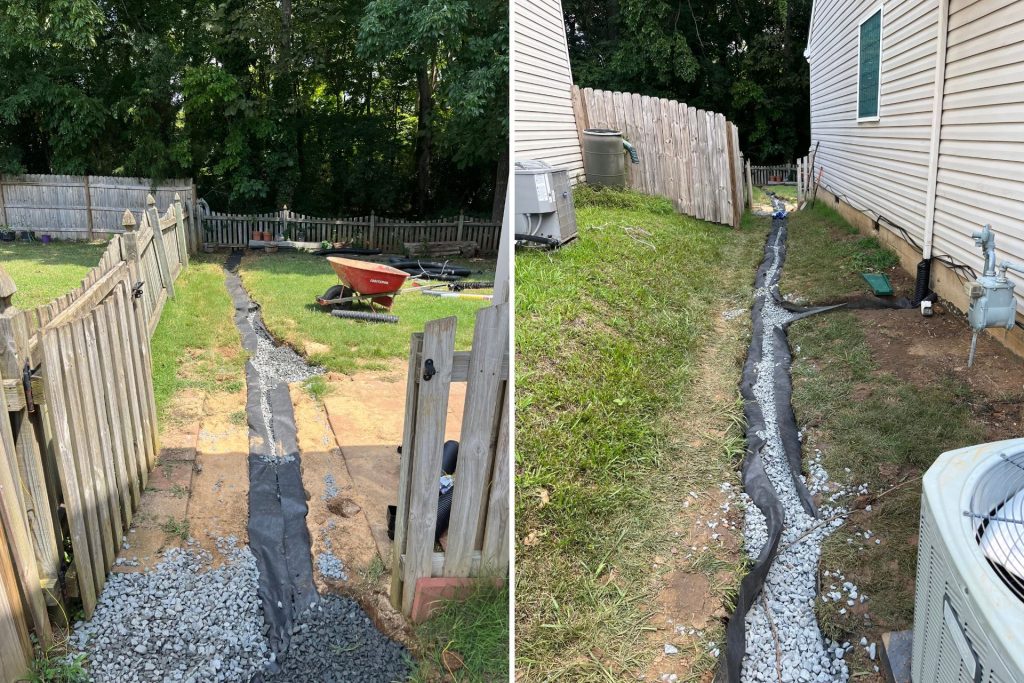 Drainage / Erosion Control 13 laying fabric over french drain pipe and adding stone