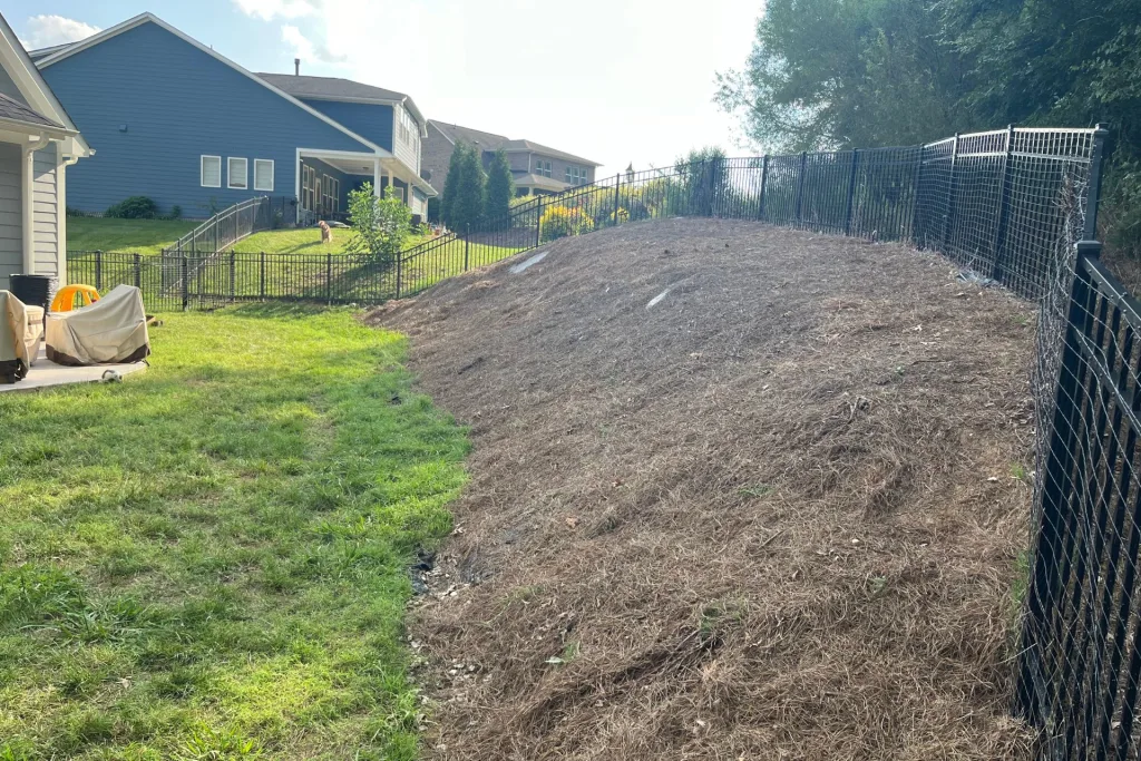 Steep backyard slope before retaining wall construction, limiting usable play area for children.