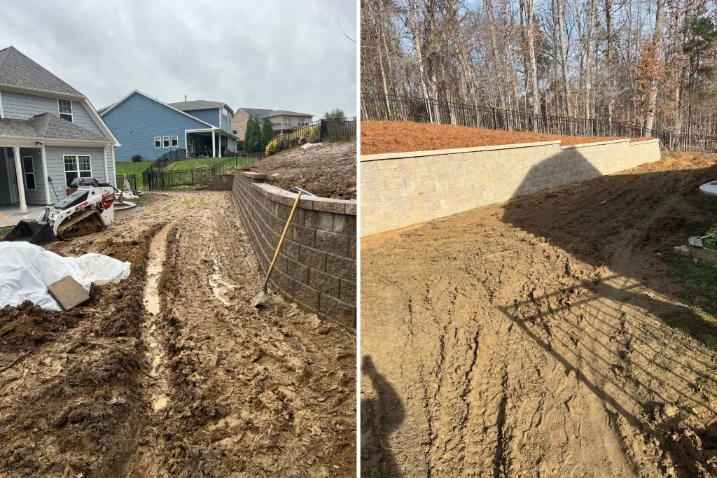 Retaining wall with blocks stacked and backfilled, with a wall cap installed on top